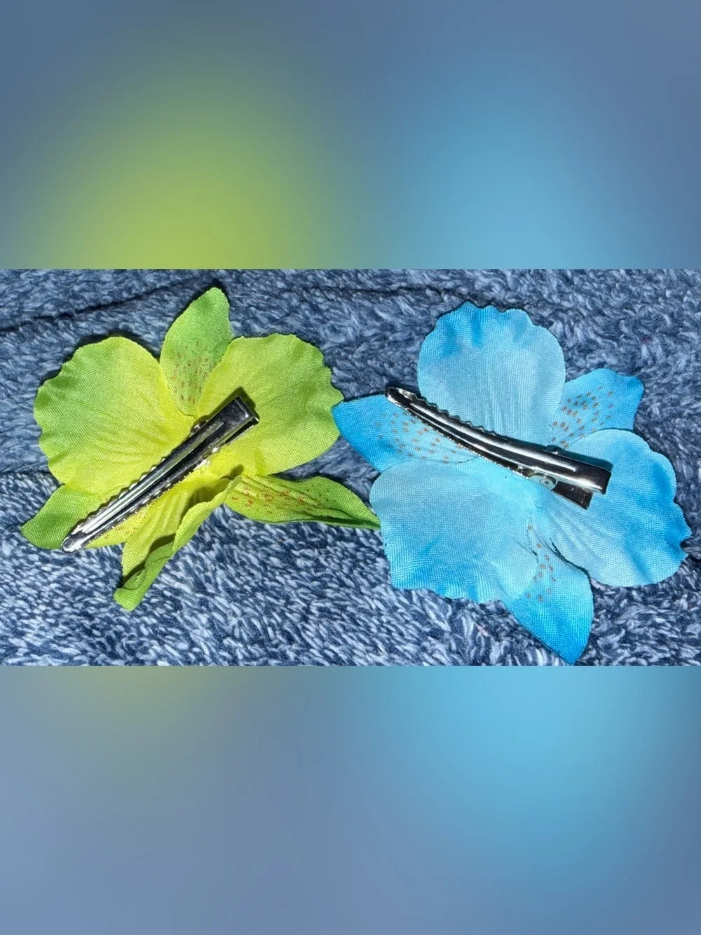 Artificial Flower Hair Clip Set - Blue & Lime